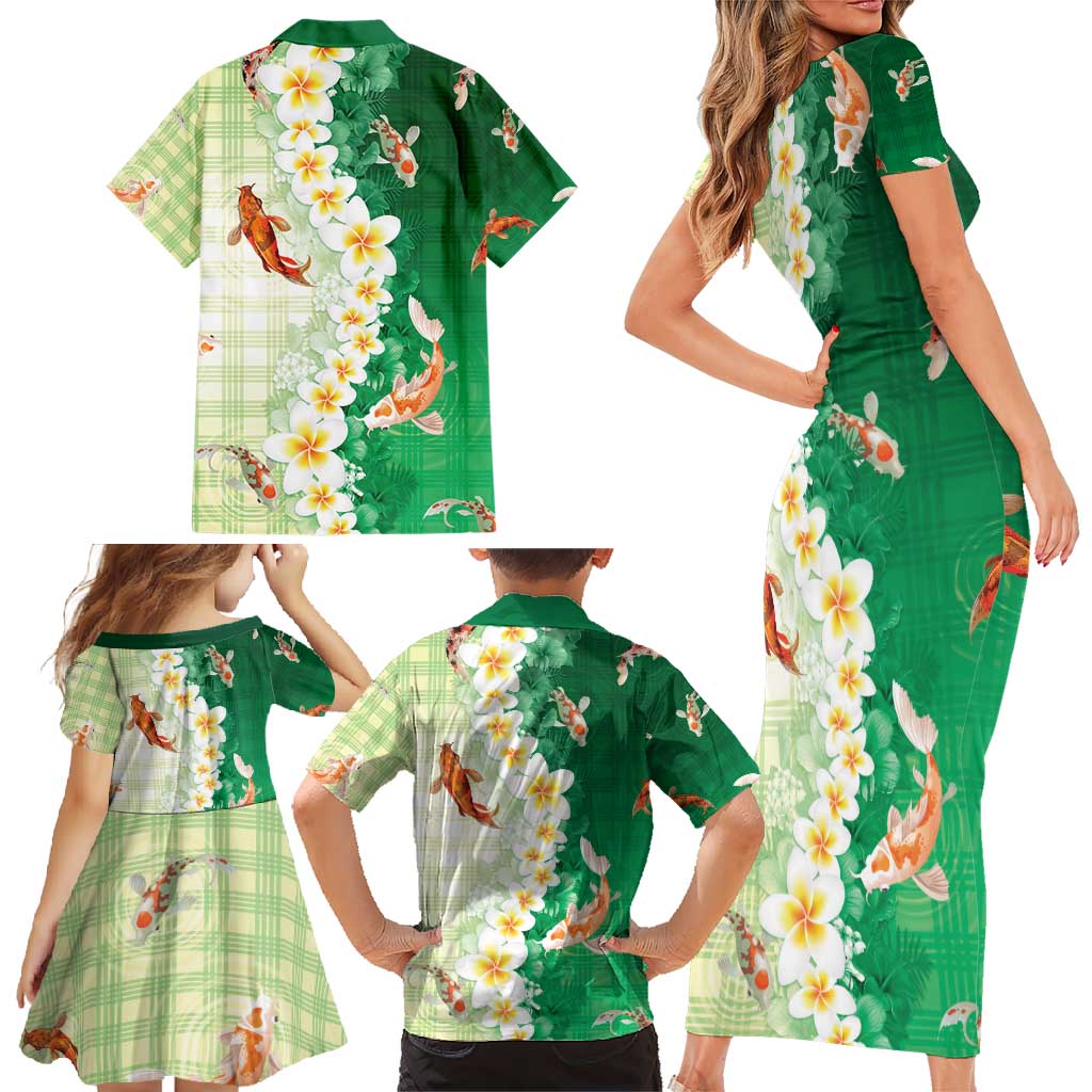Hawaii And Japan Family Matching Short Sleeve Bodycon Dress and Hawaiian Shirt Plumeria Lei With Koi Fish Green - Polynesian Pride