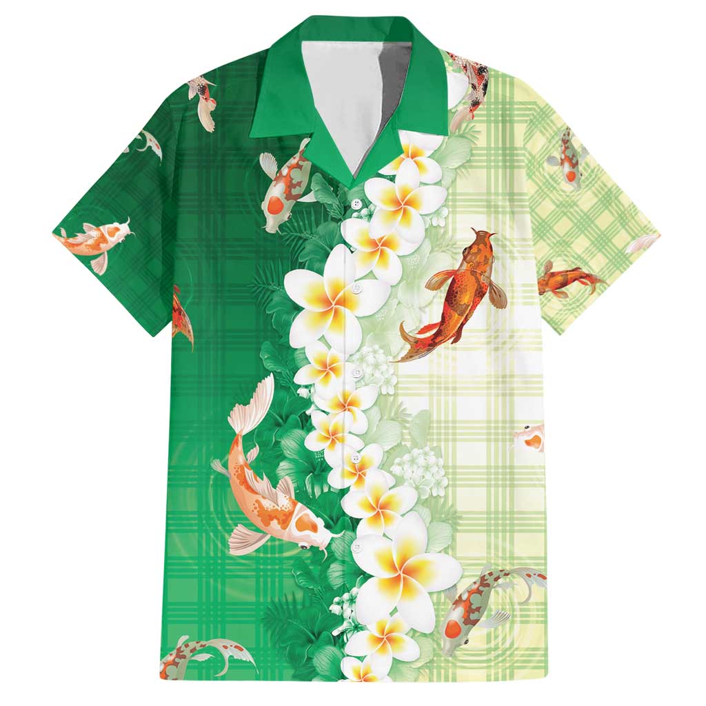 Hawaii And Japan Family Matching Short Sleeve Bodycon Dress and Hawaiian Shirt Plumeria Lei With Koi Fish Green - Polynesian Pride