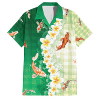 Hawaii And Japan Family Matching Short Sleeve Bodycon Dress and Hawaiian Shirt Plumeria Lei With Koi Fish Green - Polynesian Pride