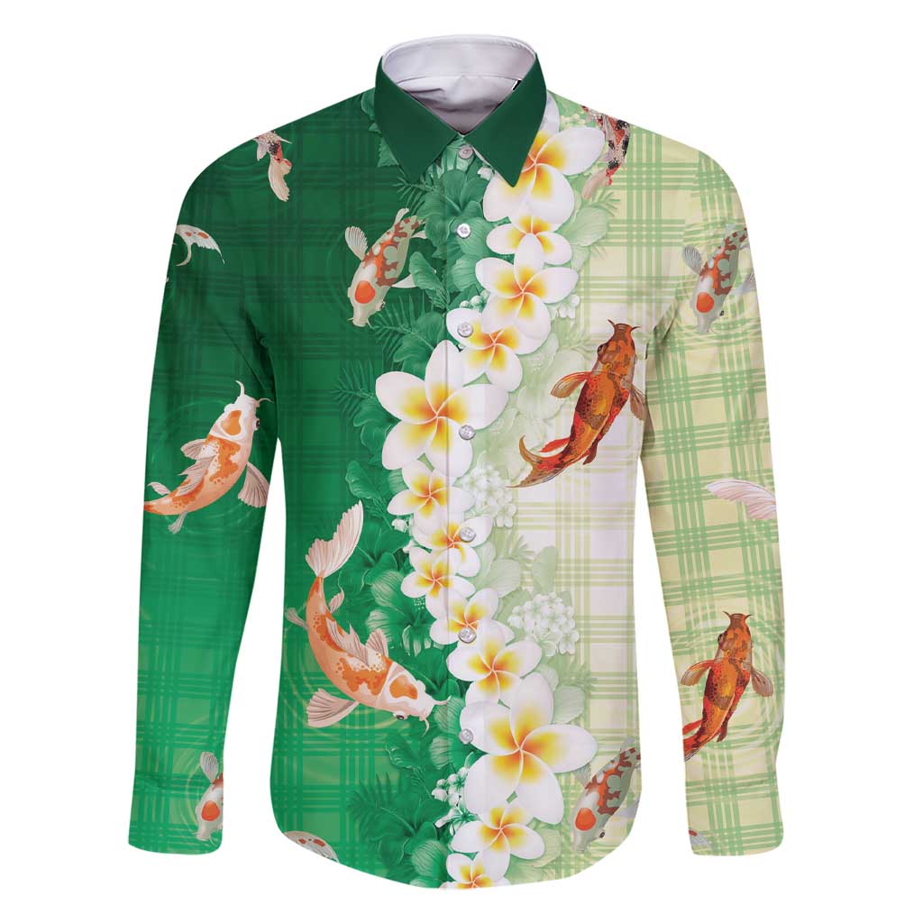 Hawaii And Japan Family Matching Short Sleeve Bodycon Dress and Hawaiian Shirt Plumeria Lei With Koi Fish Green - Polynesian Pride