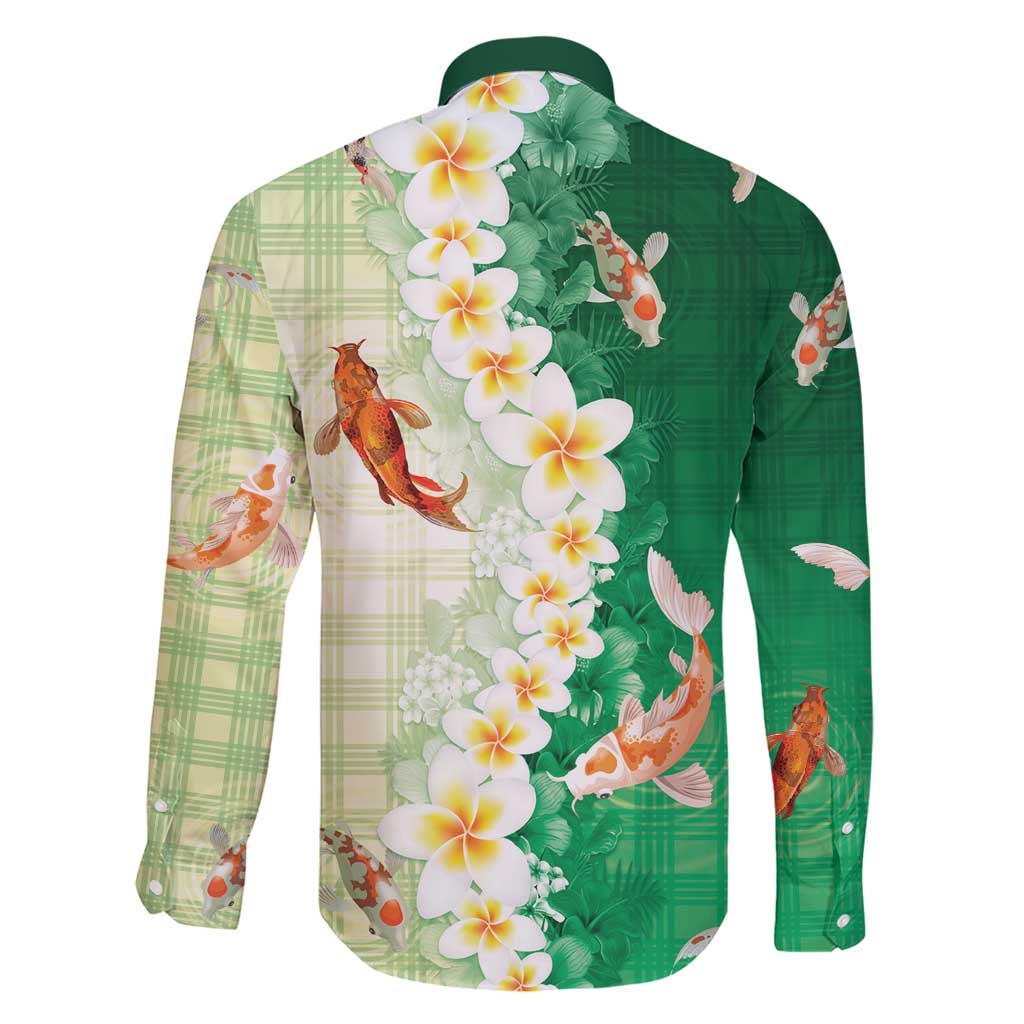 Hawaii And Japan Family Matching Short Sleeve Bodycon Dress and Hawaiian Shirt Plumeria Lei With Koi Fish Green - Polynesian Pride