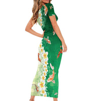 Hawaii And Japan Family Matching Short Sleeve Bodycon Dress and Hawaiian Shirt Plumeria Lei With Koi Fish Green - Polynesian Pride