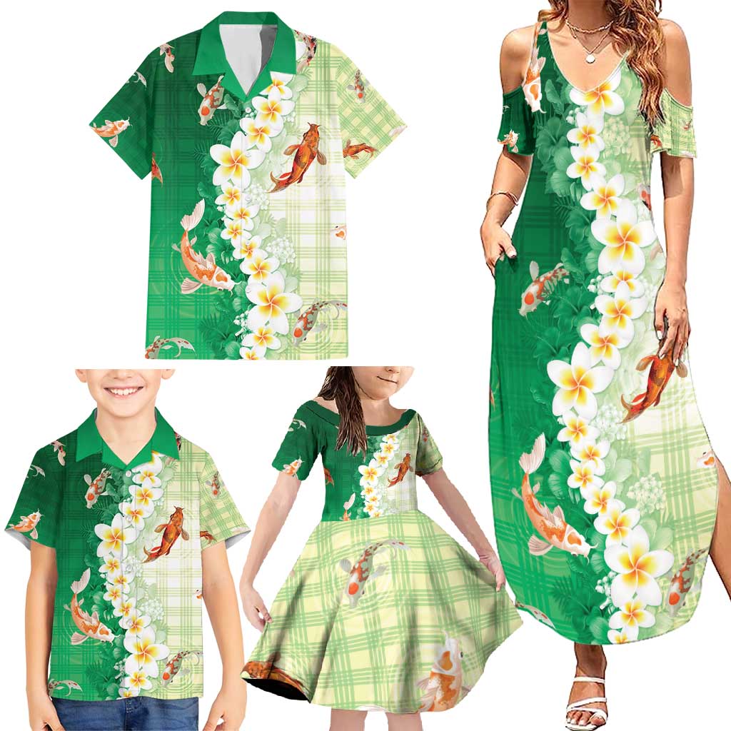 Hawaii And Japan Family Matching Summer Maxi Dress and Hawaiian Shirt Plumeria Lei With Koi Fish Green - Polynesian Pride