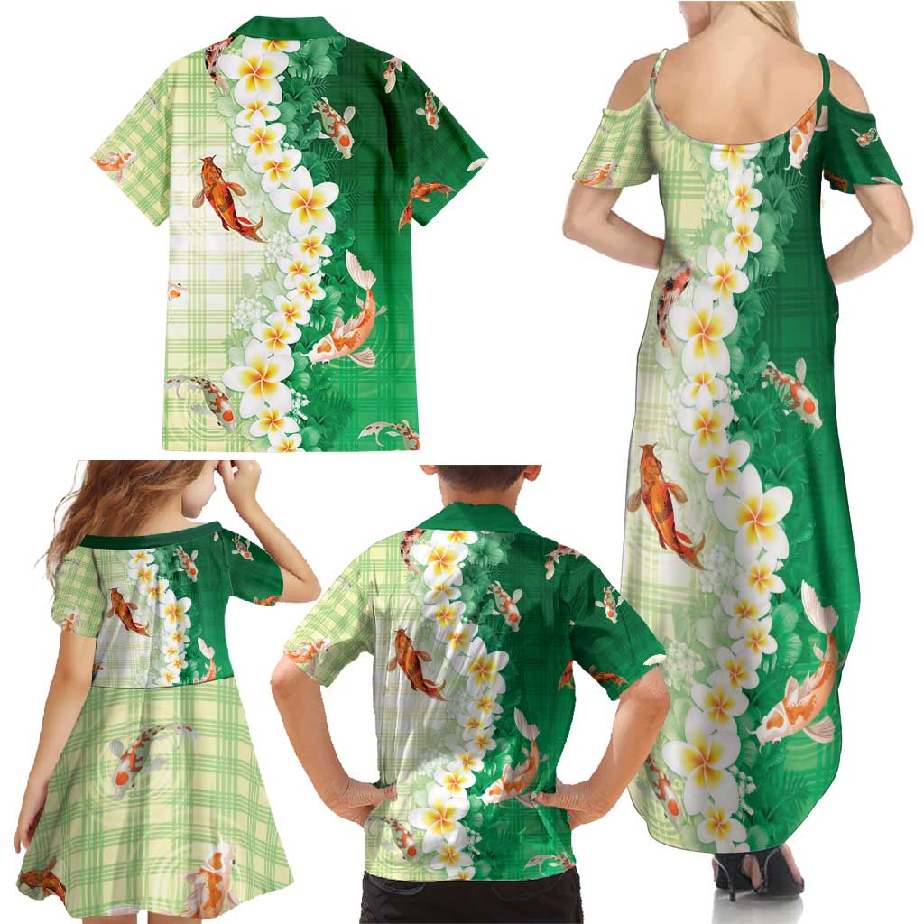 Hawaii And Japan Family Matching Summer Maxi Dress and Hawaiian Shirt Plumeria Lei With Koi Fish Green - Polynesian Pride