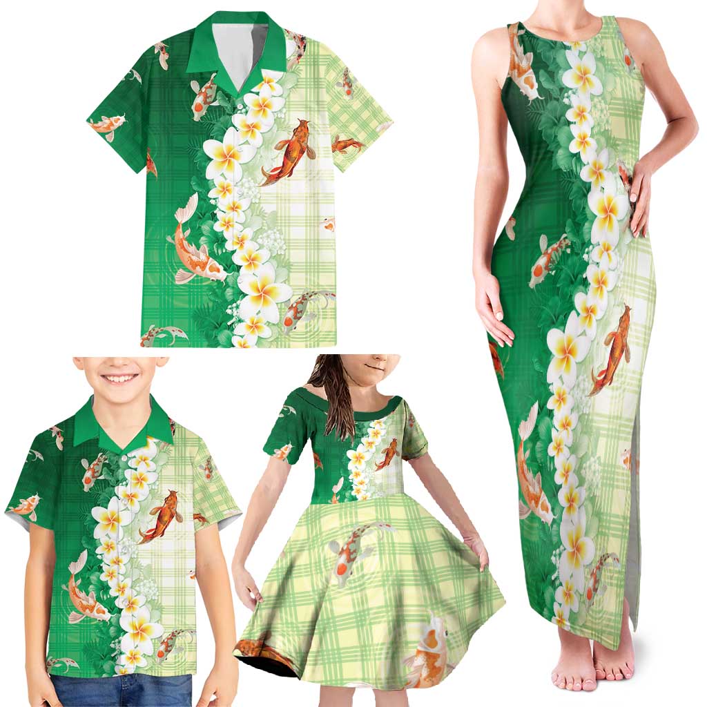Hawaii And Japan Family Matching Tank Maxi Dress and Hawaiian Shirt Plumeria Lei With Koi Fish Green - Polynesian Pride