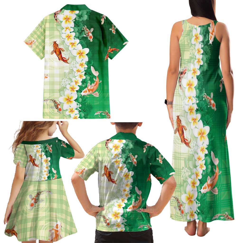 Hawaii And Japan Family Matching Tank Maxi Dress and Hawaiian Shirt Plumeria Lei With Koi Fish Green - Polynesian Pride