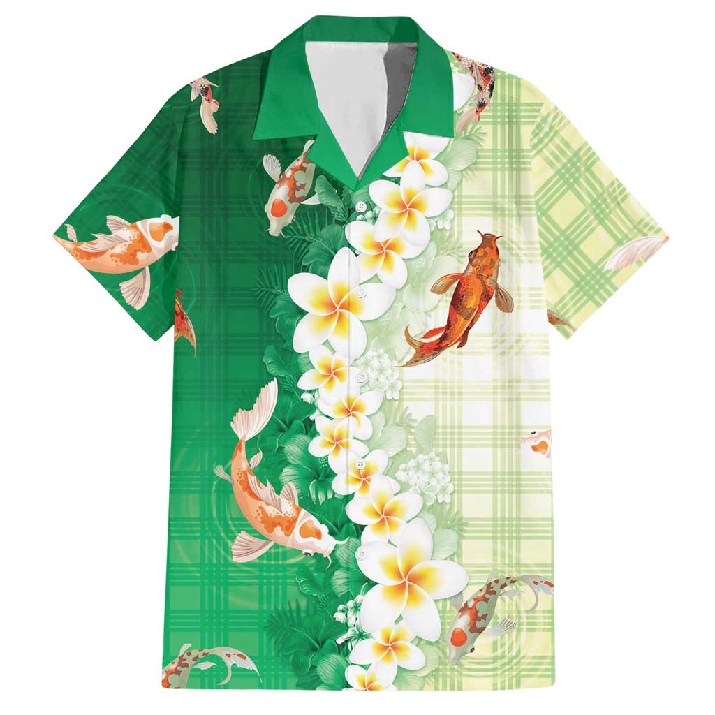 Hawaii And Japan Hawaiian Shirt Plumeria Lei With Koi Fish Green - Polynesian Pride