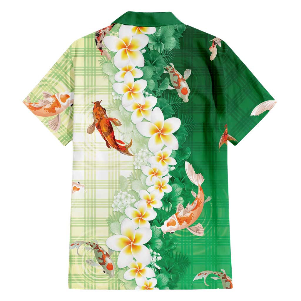 Hawaii And Japan Hawaiian Shirt Plumeria Lei With Koi Fish Green - Polynesian Pride