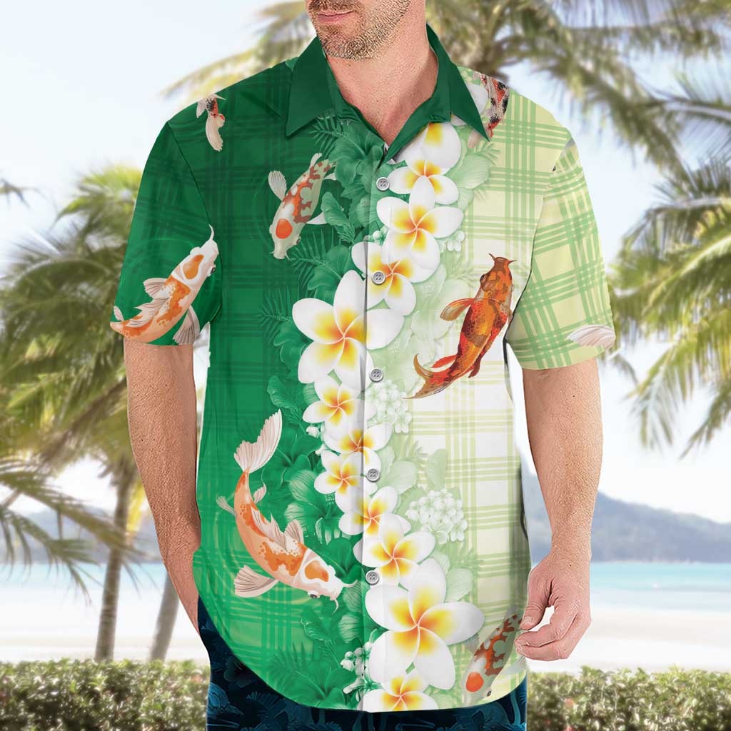 Hawaii And Japan Hawaiian Shirt Plumeria Lei With Koi Fish Green - Polynesian Pride