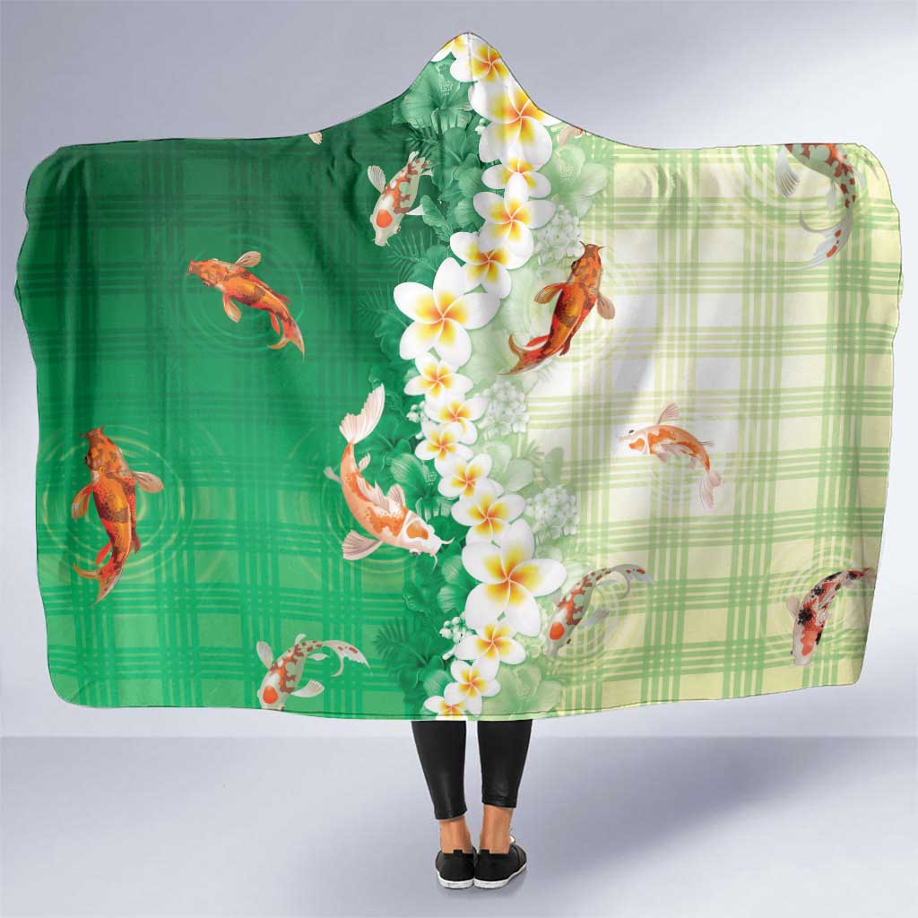 Hawaii And Japan Hooded Blanket Plumeria Lei With Koi Fish Green - Polynesian Pride