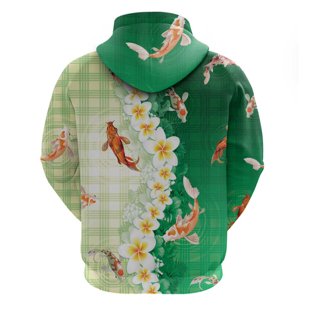 Hawaii And Japan Hoodie Plumeria Lei With Koi Fish Green - Polynesian Pride