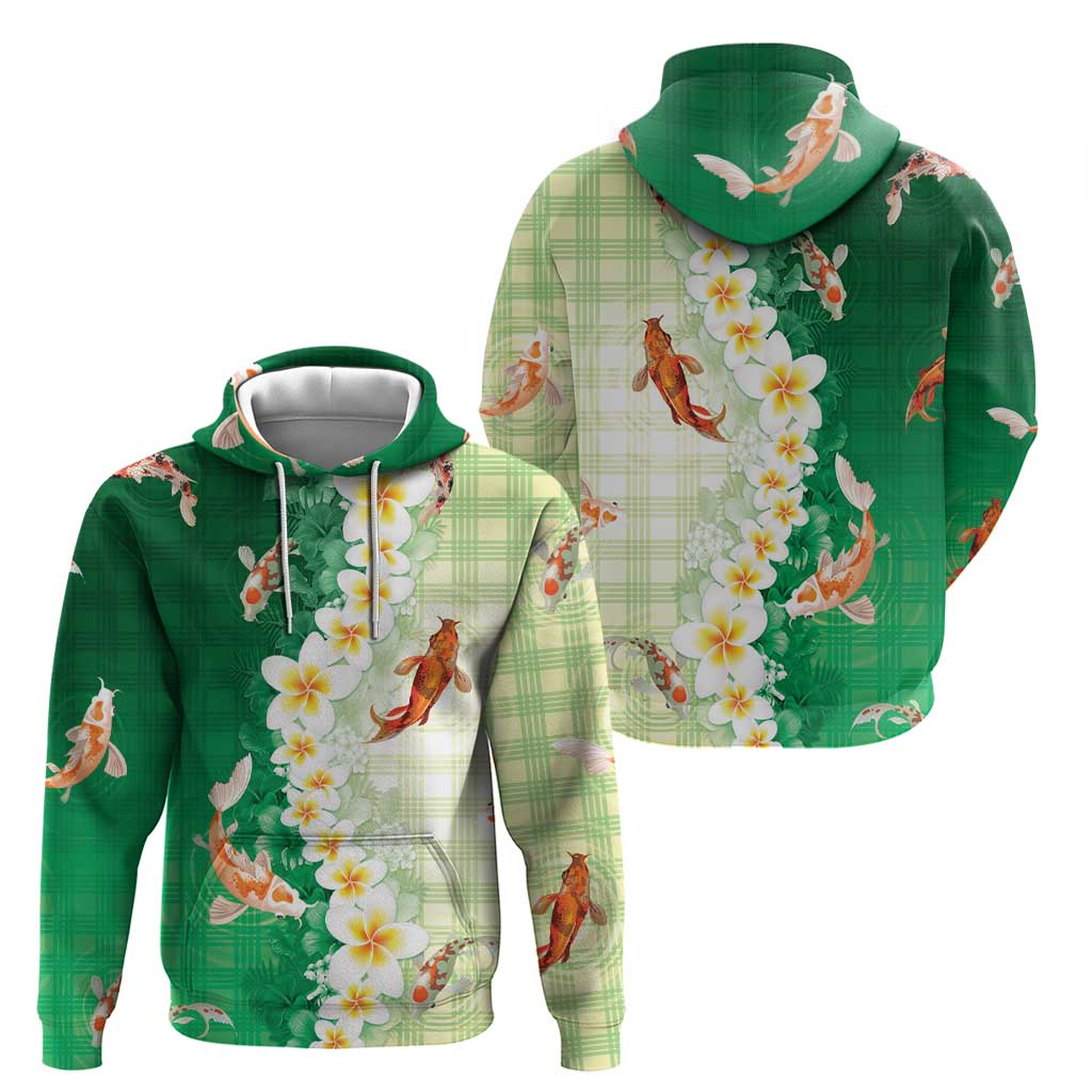 Hawaii And Japan Hoodie Plumeria Lei With Koi Fish Green - Polynesian Pride