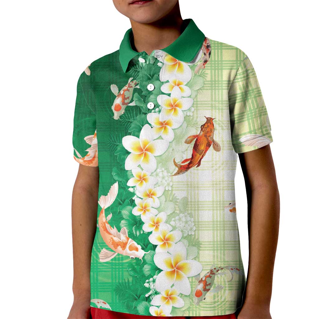 Hawaii And Japan Kid Polo Shirt Plumeria Lei With Koi Fish Green - Polynesian Pride