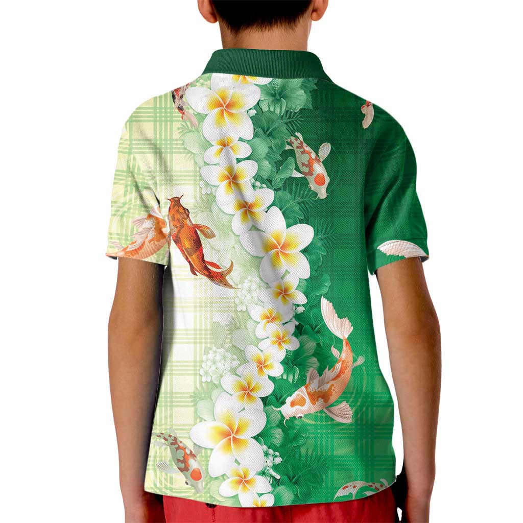Hawaii And Japan Kid Polo Shirt Plumeria Lei With Koi Fish Green - Polynesian Pride
