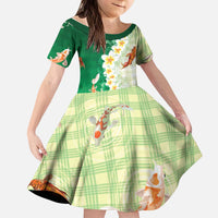 Hawaii And Japan Kid Short Sleeve Dress Plumeria Lei With Koi Fish Green - Polynesian Pride