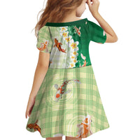Hawaii And Japan Kid Short Sleeve Dress Plumeria Lei With Koi Fish Green - Polynesian Pride