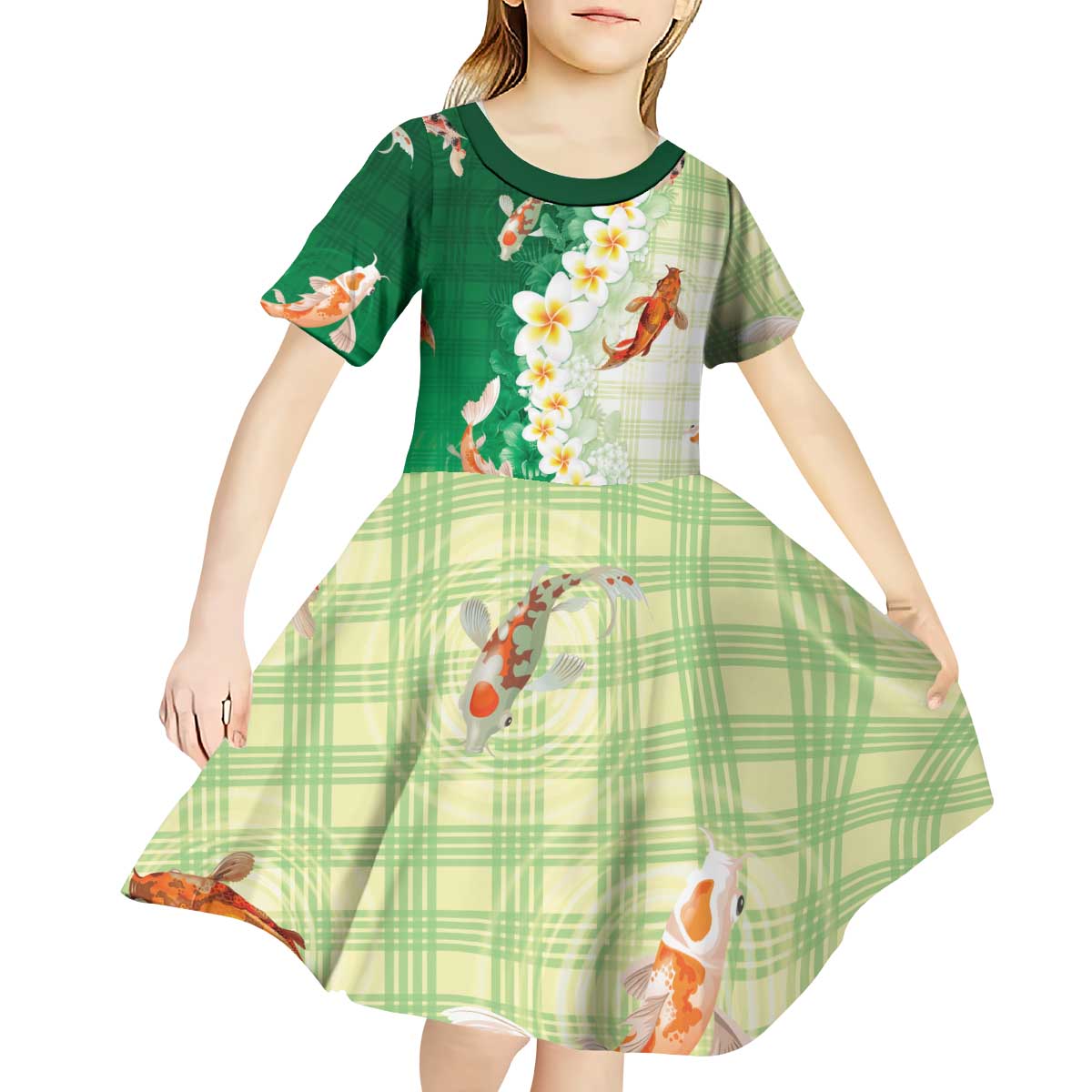 Hawaii And Japan Kid Short Sleeve Dress Plumeria Lei With Koi Fish Green - Polynesian Pride