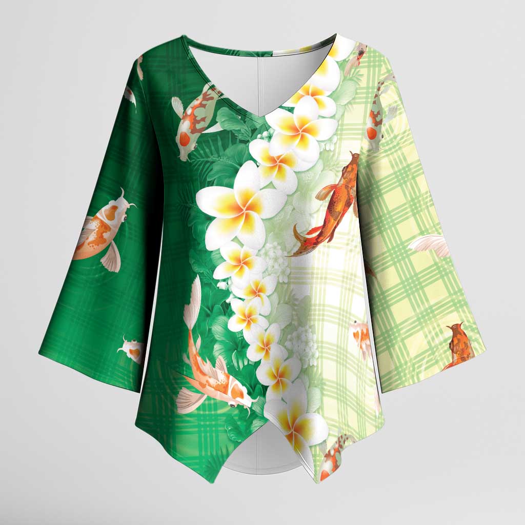 Hawaii And Japan Kimono Sleeve Blouse Plumeria Lei With Koi Fish Green - Polynesian Pride