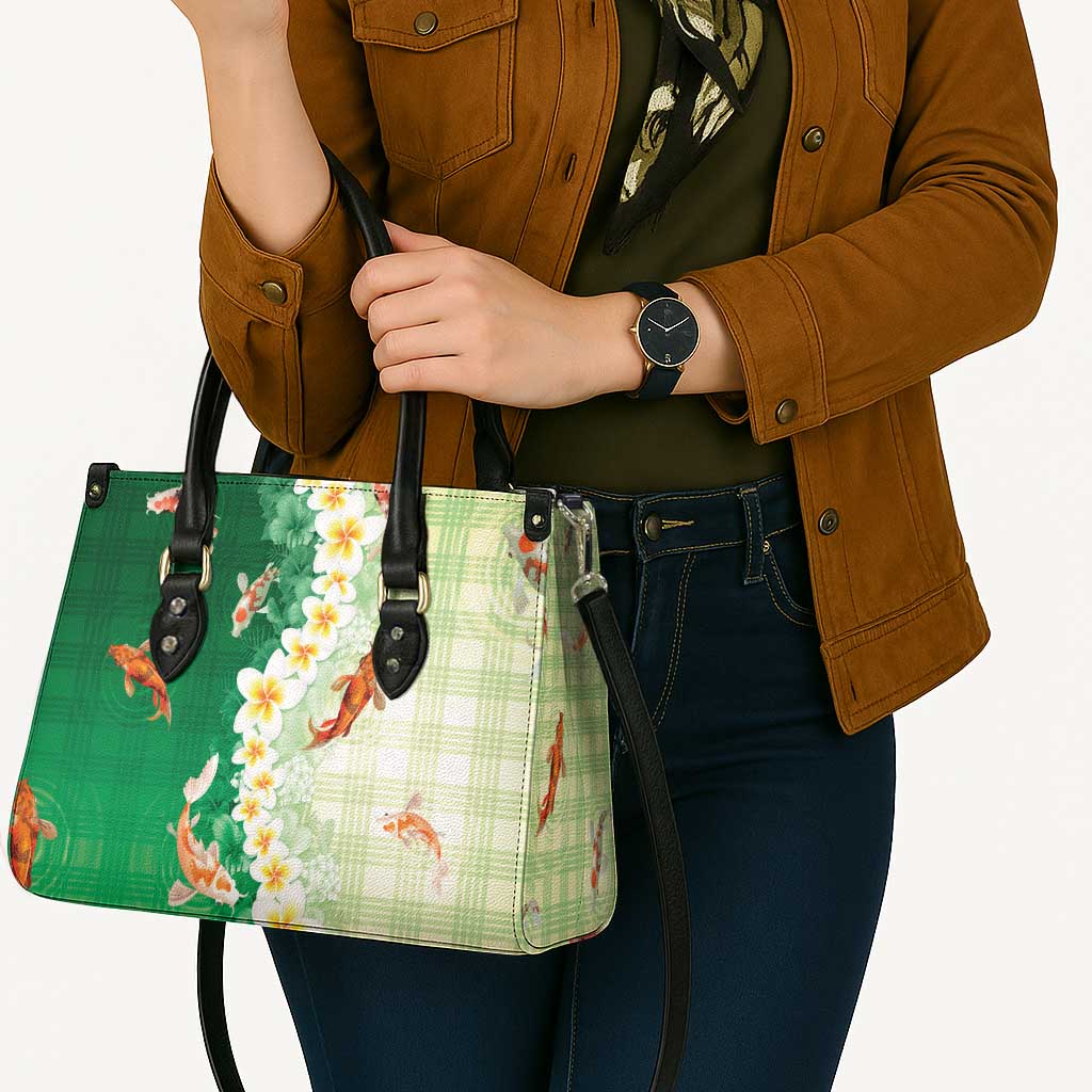Hawaii And Japan Leather Bag Plumeria Lei With Koi Fish Green - Polynesian Pride