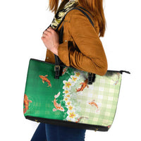 Hawaii And Japan Leather Tote Bag Plumeria Lei With Koi Fish Green - Polynesian Pride