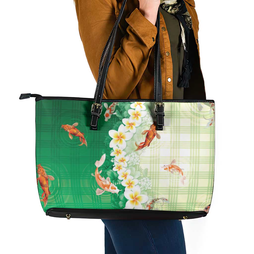 Hawaii And Japan Leather Tote Bag Plumeria Lei With Koi Fish Green - Polynesian Pride