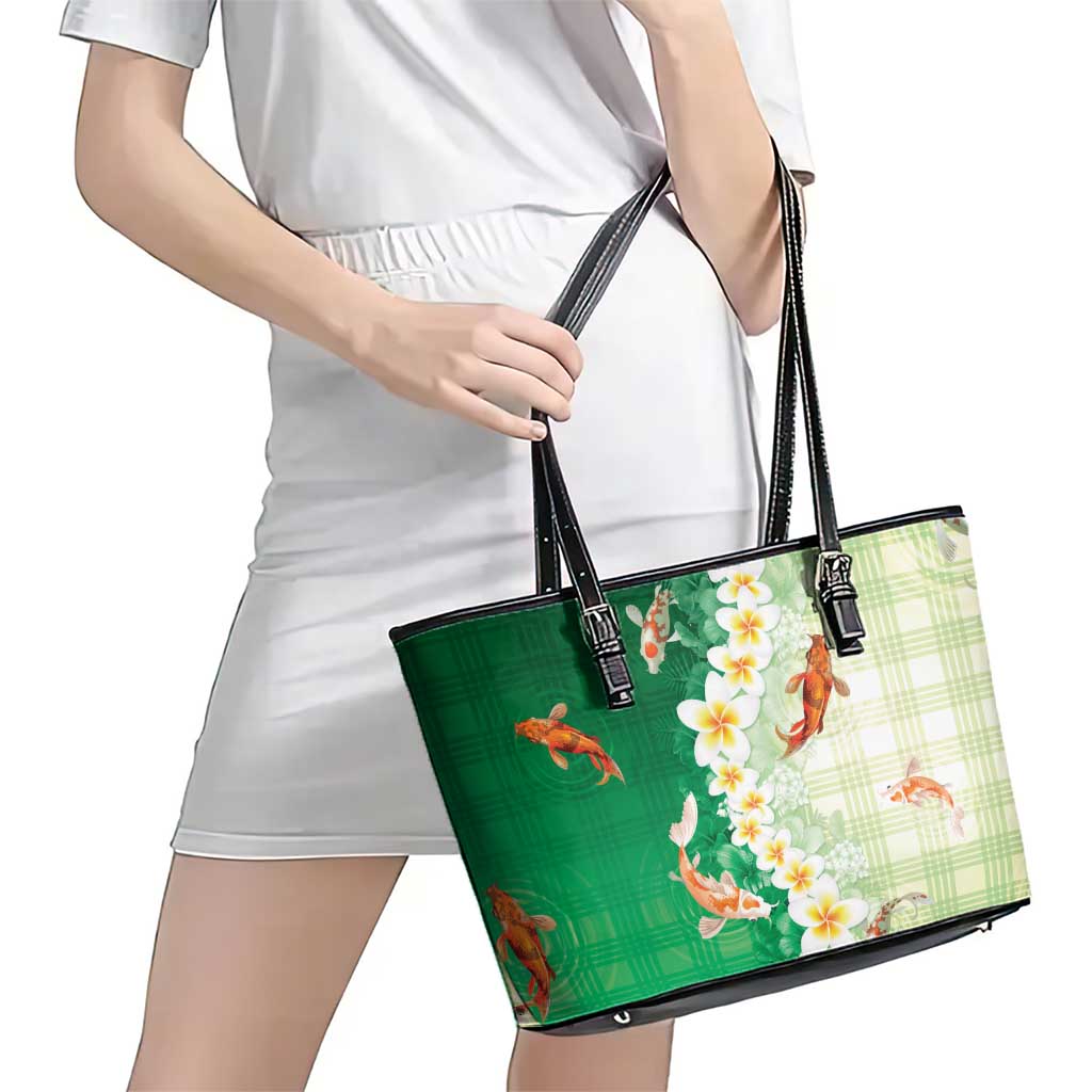 Hawaii And Japan Leather Tote Bag Plumeria Lei With Koi Fish Green - Polynesian Pride