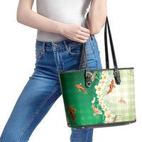 Hawaii And Japan Leather Tote Bag Plumeria Lei With Koi Fish Green - Polynesian Pride
