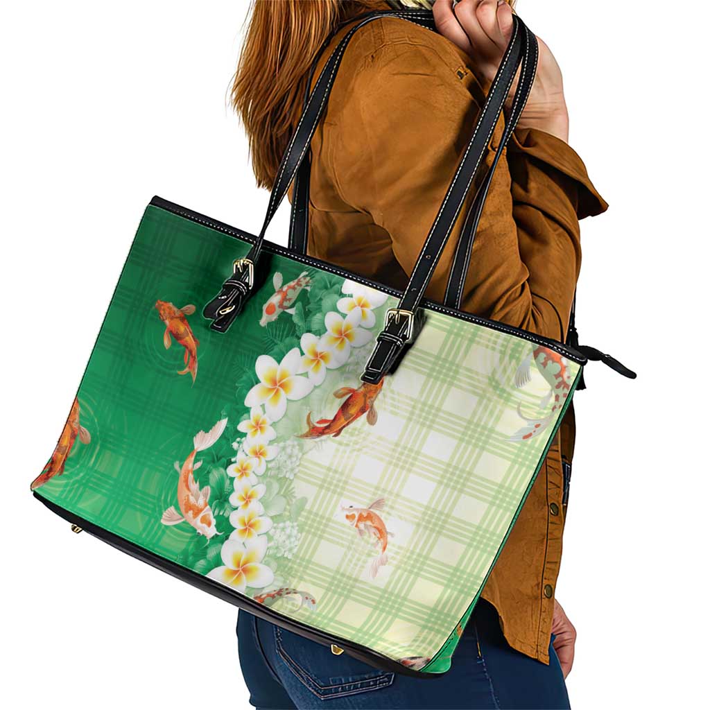 Hawaii And Japan Leather Tote Bag Plumeria Lei With Koi Fish Green - Polynesian Pride
