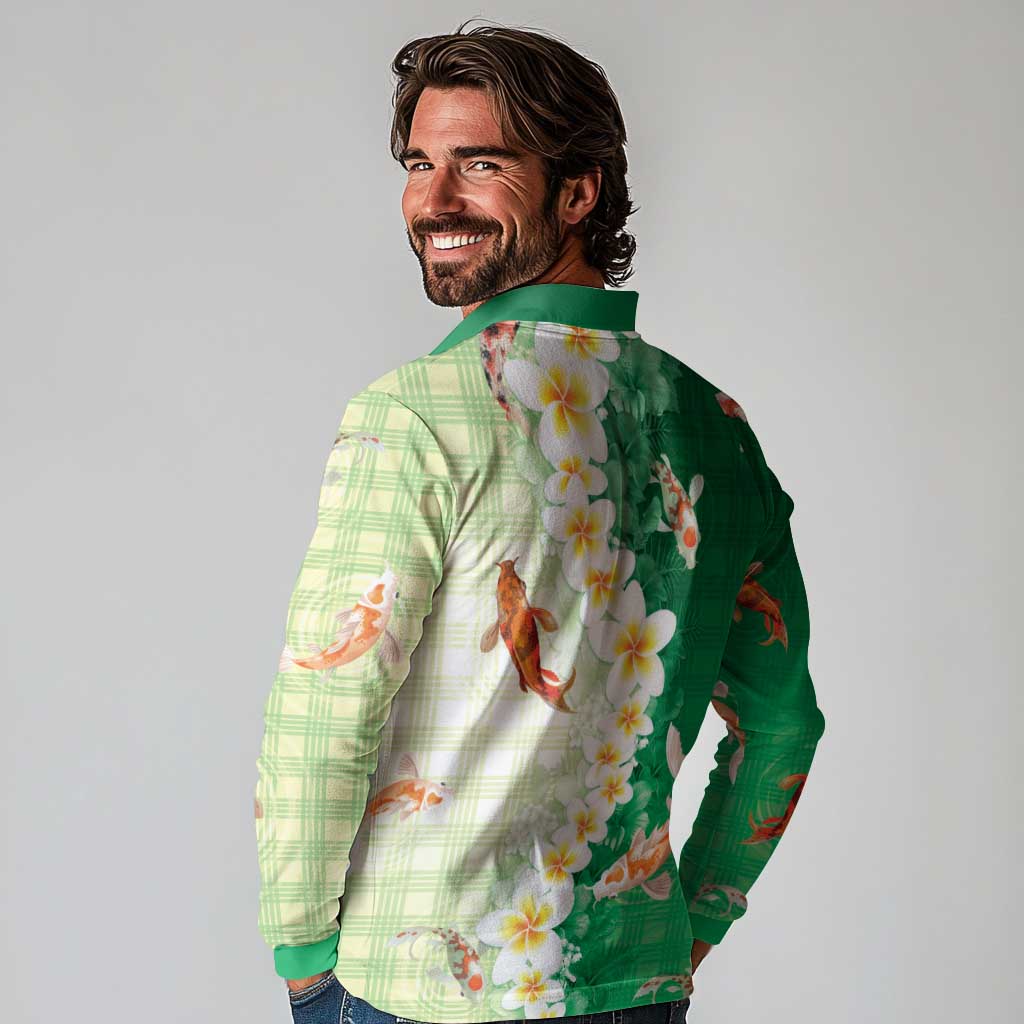 Hawaii And Japan Long Sleeve Polo Shirt Plumeria Lei With Koi Fish Green - Polynesian Pride