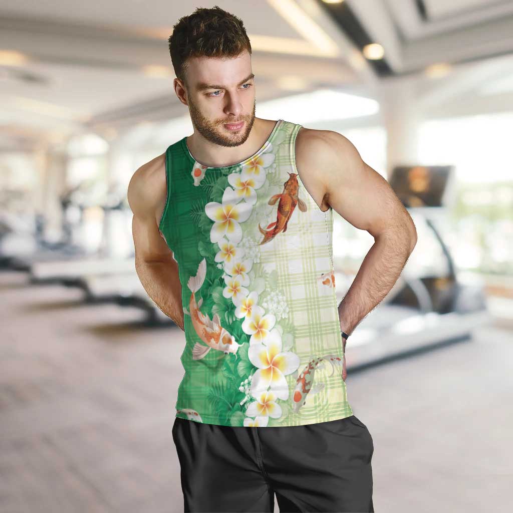 Hawaii And Japan Men Tank Top Plumeria Lei With Koi Fish Green - Polynesian Pride