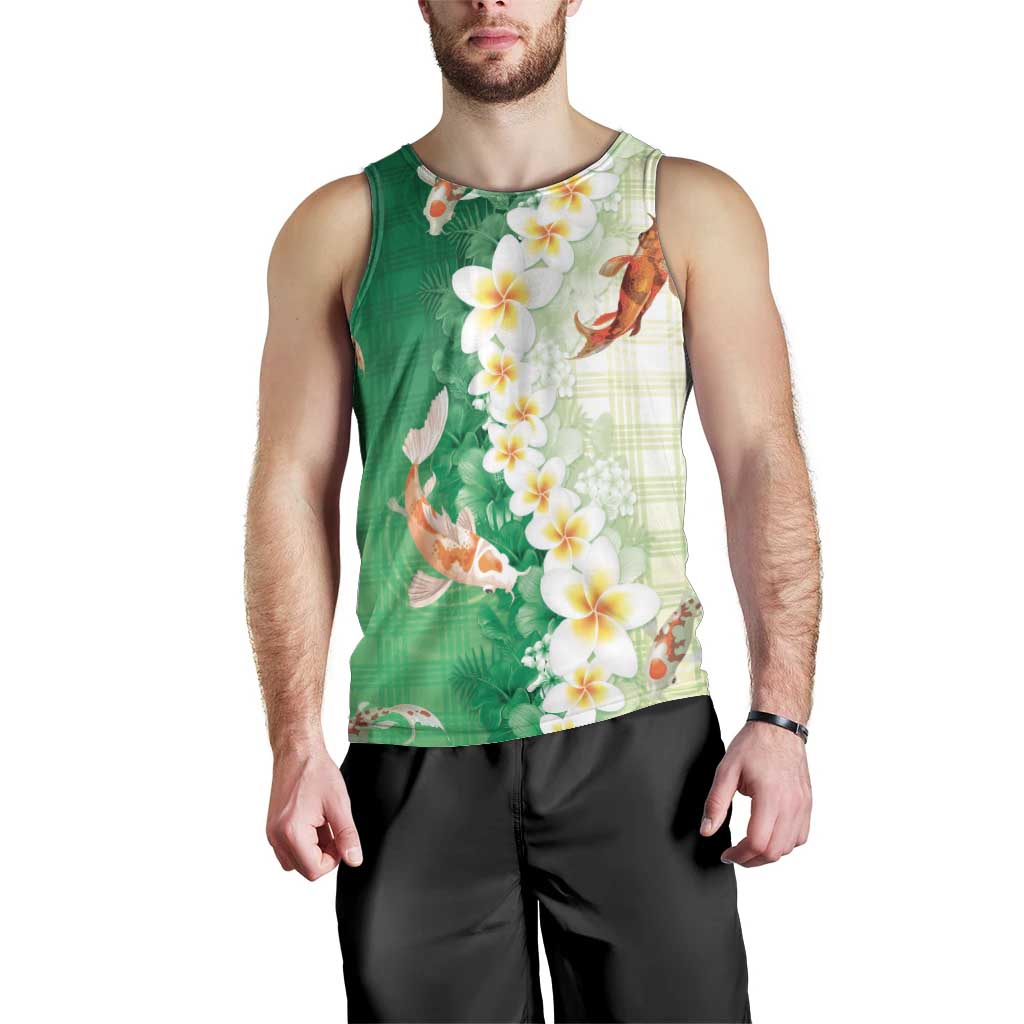 Hawaii And Japan Men Tank Top Plumeria Lei With Koi Fish Green - Polynesian Pride