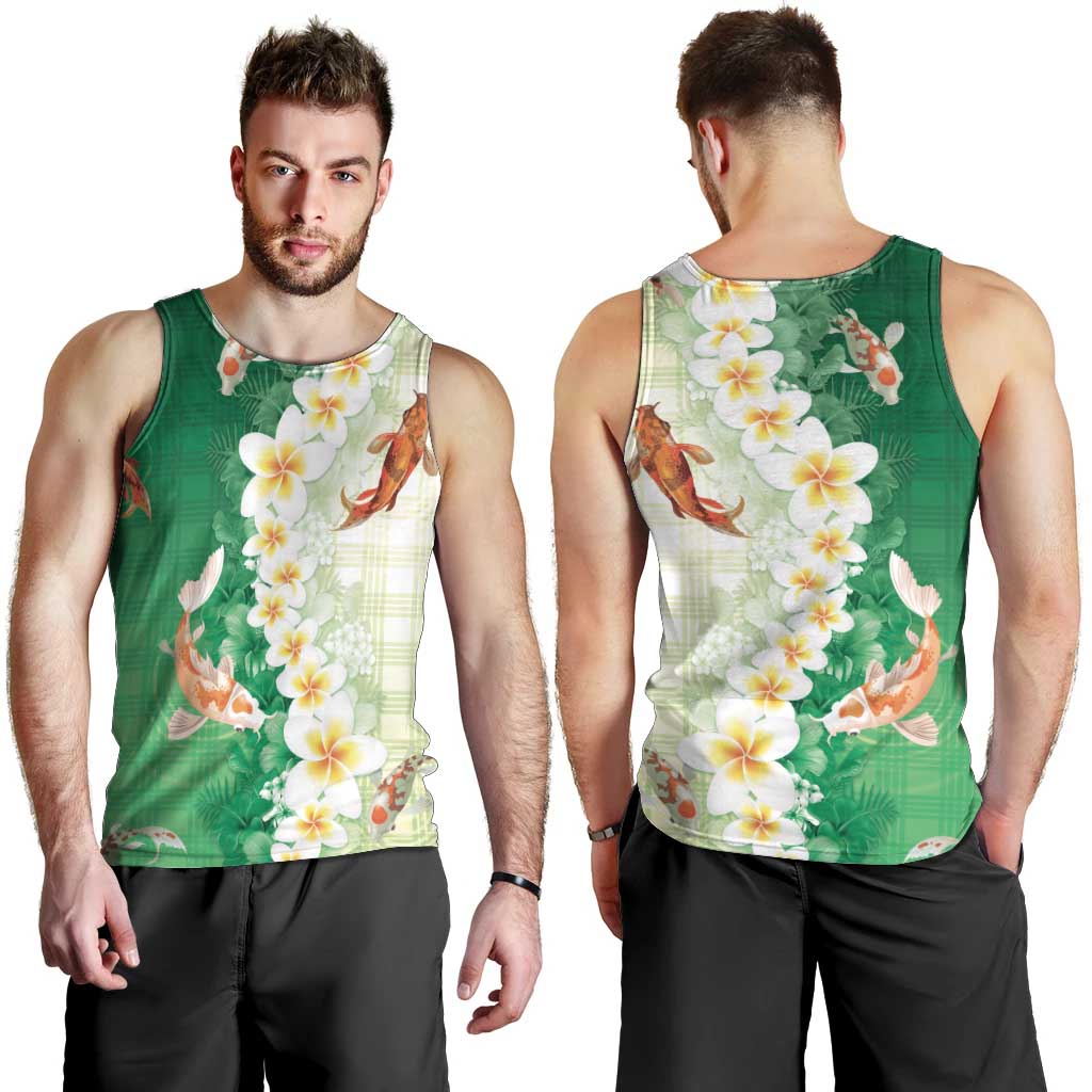 Hawaii And Japan Men Tank Top Plumeria Lei With Koi Fish Green - Polynesian Pride