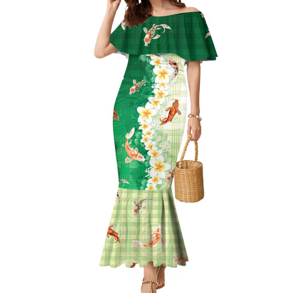 Hawaii And Japan Mermaid Dress Plumeria Lei With Koi Fish Green - Polynesian Pride