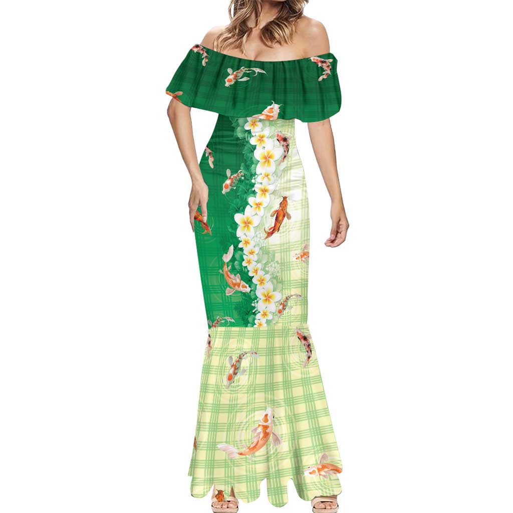 Hawaii And Japan Mermaid Dress Plumeria Lei With Koi Fish Green - Polynesian Pride