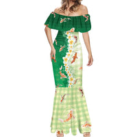 Hawaii And Japan Mermaid Dress Plumeria Lei With Koi Fish Green - Polynesian Pride