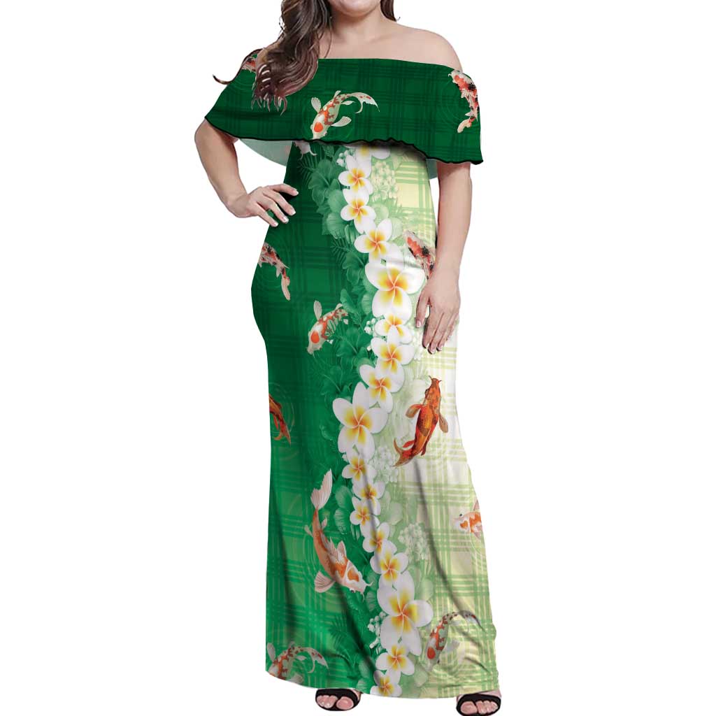 Hawaii And Japan Off Shoulder Maxi Dress Plumeria Lei With Koi Fish Green - Polynesian Pride