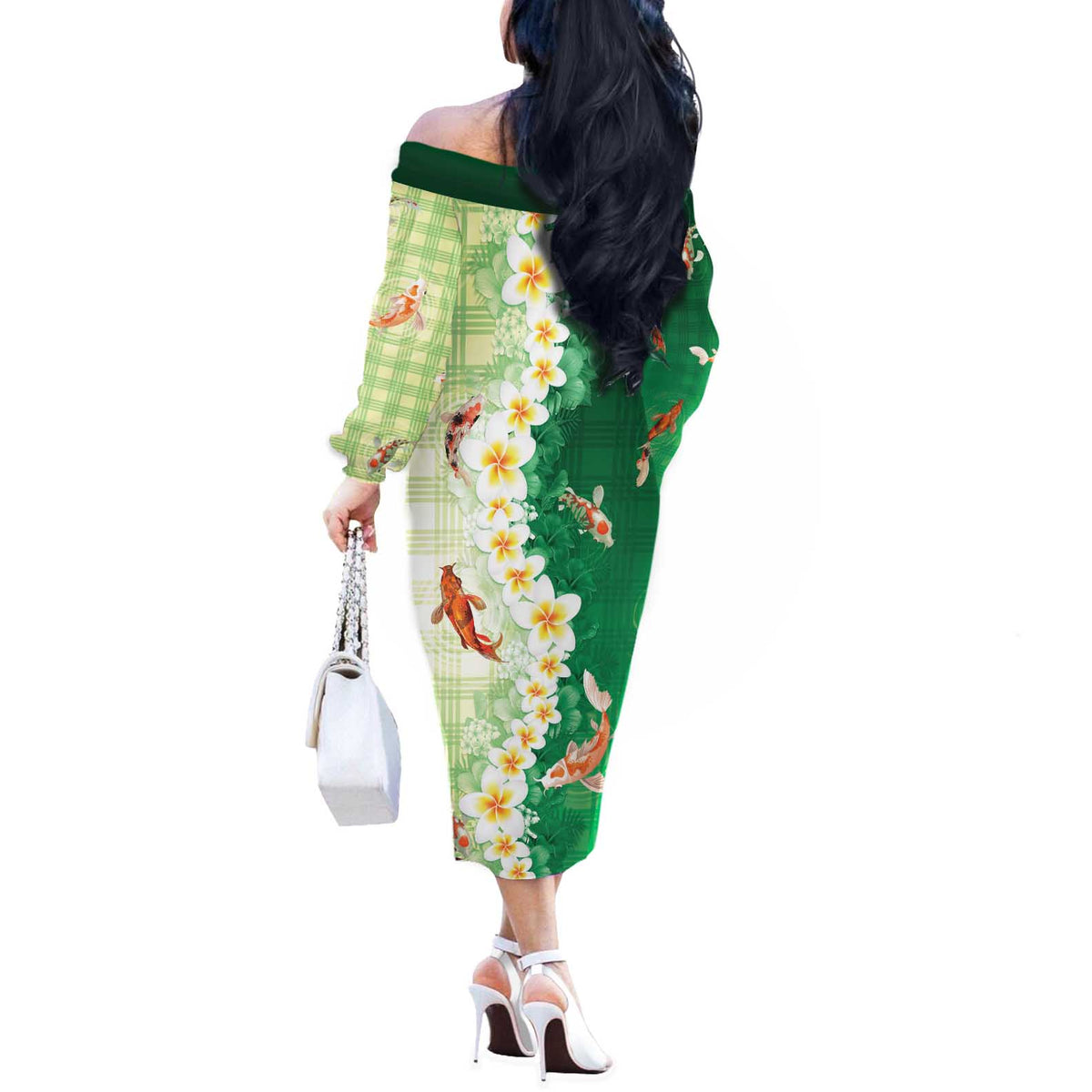 Hawaii And Japan Off The Shoulder Long Sleeve Dress Plumeria Lei With Koi Fish Green - Polynesian Pride