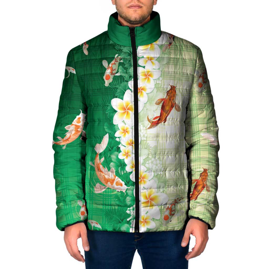 Hawaii And Japan Padded Jacket Plumeria Lei With Koi Fish Green - Polynesian Pride