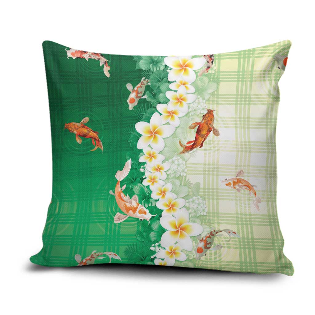 Hawaii And Japan Pillow Cover Plumeria Lei With Koi Fish Green - Polynesian Pride