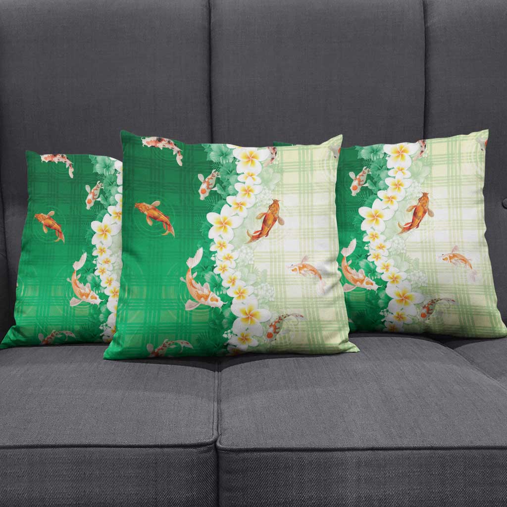 Hawaii And Japan Pillow Cover Plumeria Lei With Koi Fish Green - Polynesian Pride