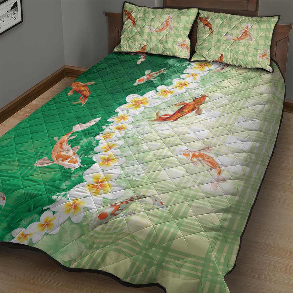 Hawaii And Japan Quilt Bed Set Plumeria Lei With Koi Fish Green - Polynesian Pride