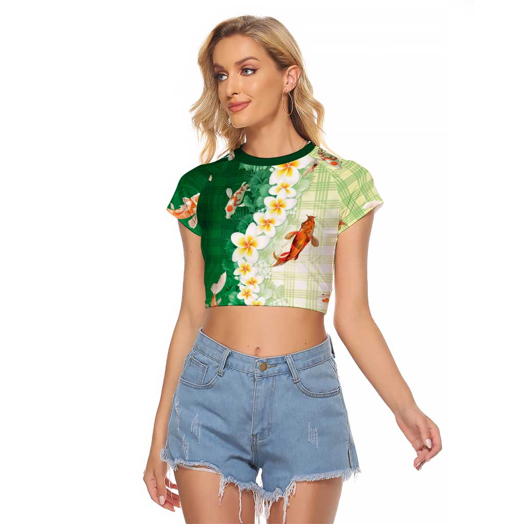 Hawaii And Japan Raglan Cropped T Shirt Plumeria Lei With Koi Fish Green - Polynesian Pride