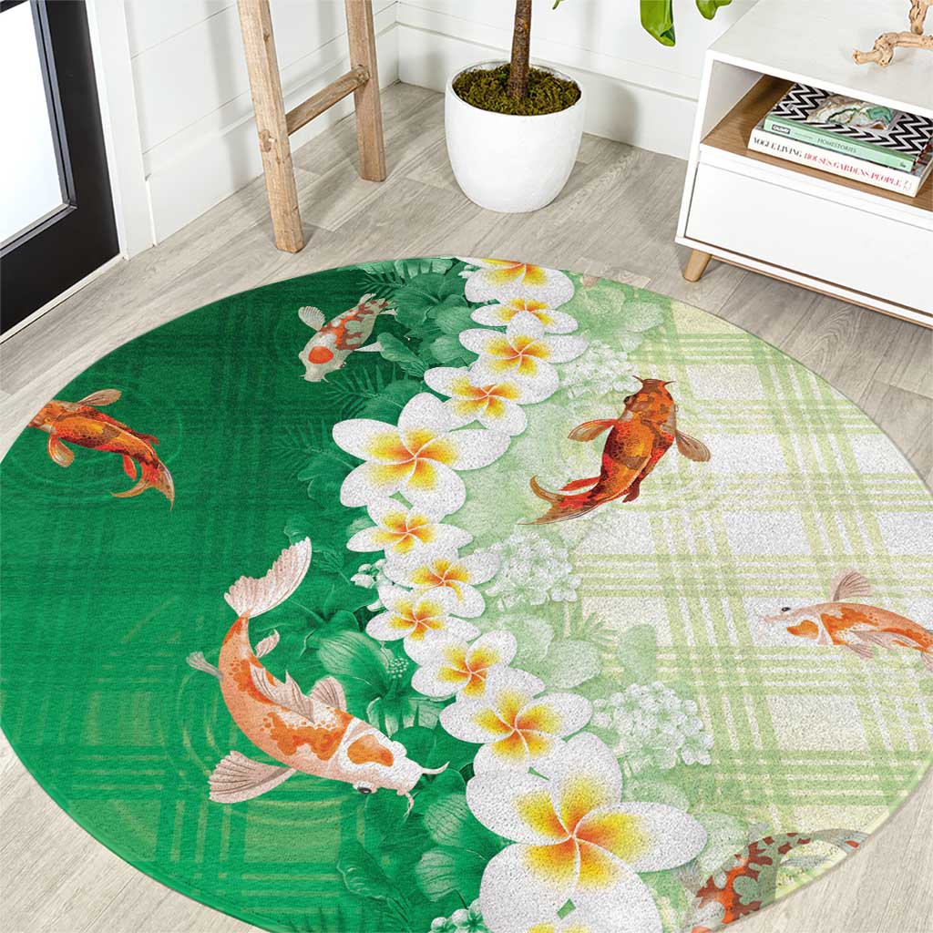 Hawaii And Japan Round Carpet Plumeria Lei With Koi Fish Green - Polynesian Pride