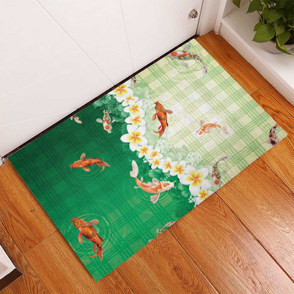 Hawaii And Japan Rubber Doormat Plumeria Lei With Koi Fish Green - Polynesian Pride