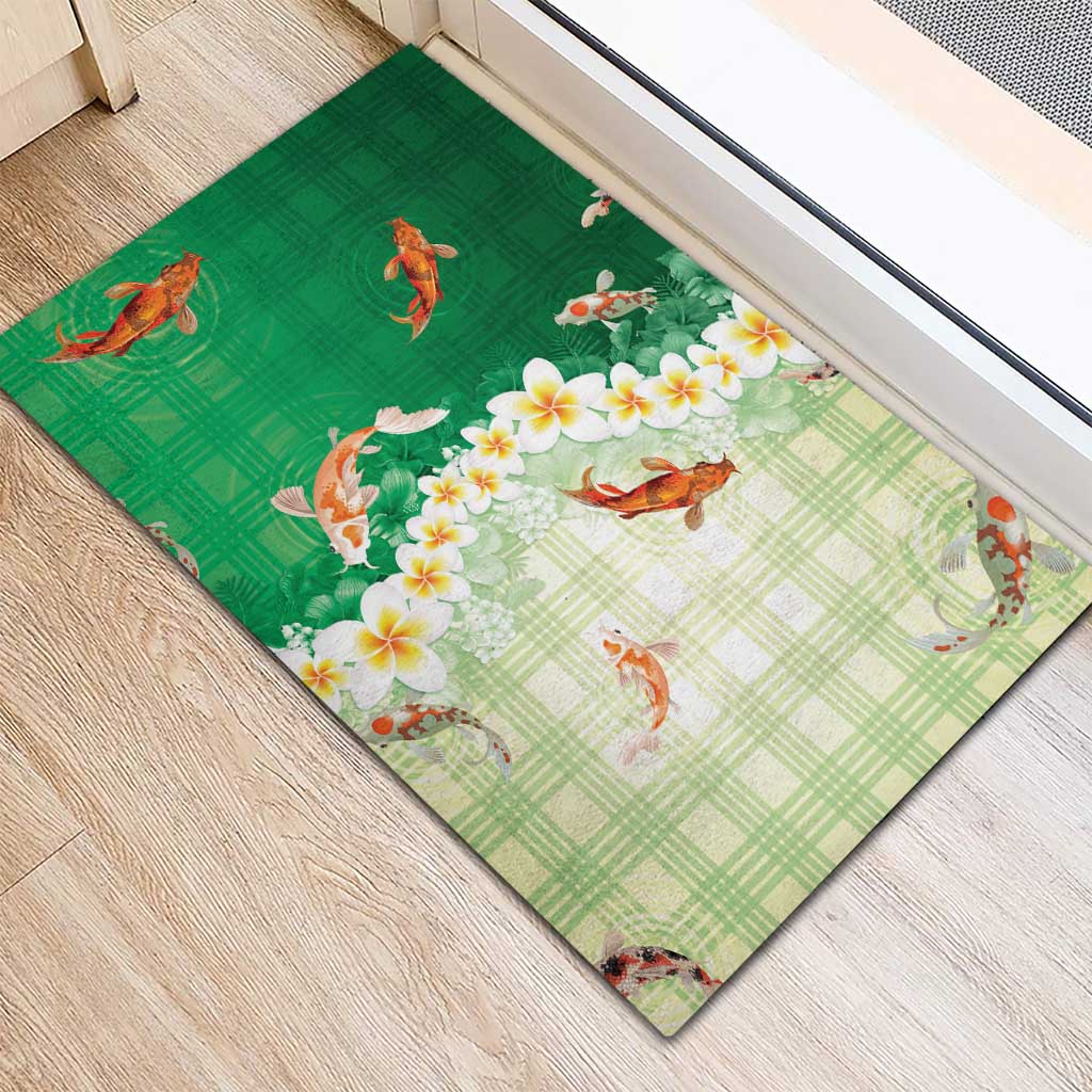 Hawaii And Japan Rubber Doormat Plumeria Lei With Koi Fish Green - Polynesian Pride