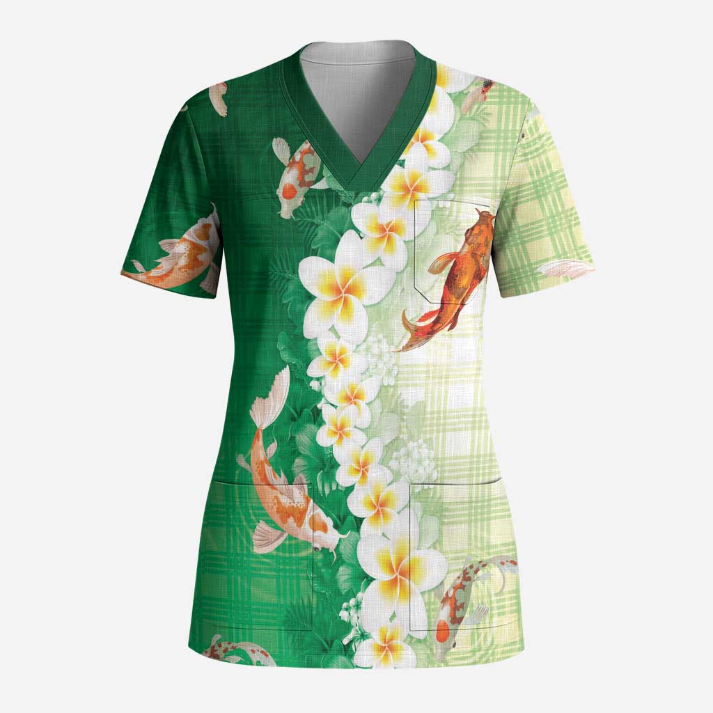 Hawaii And Japan Scrub Top Plumeria Lei With Koi Fish Green - Polynesian Pride