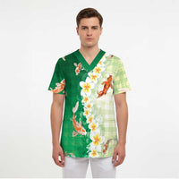 Hawaii And Japan Scrub Top Plumeria Lei With Koi Fish Green - Polynesian Pride