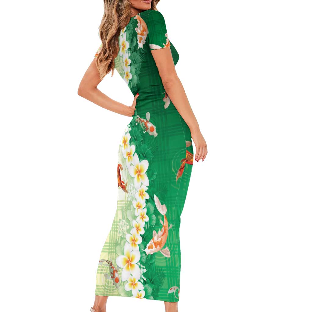 Hawaii And Japan Short Sleeve Bodycon Dress Plumeria Lei With Koi Fish Green - Polynesian Pride
