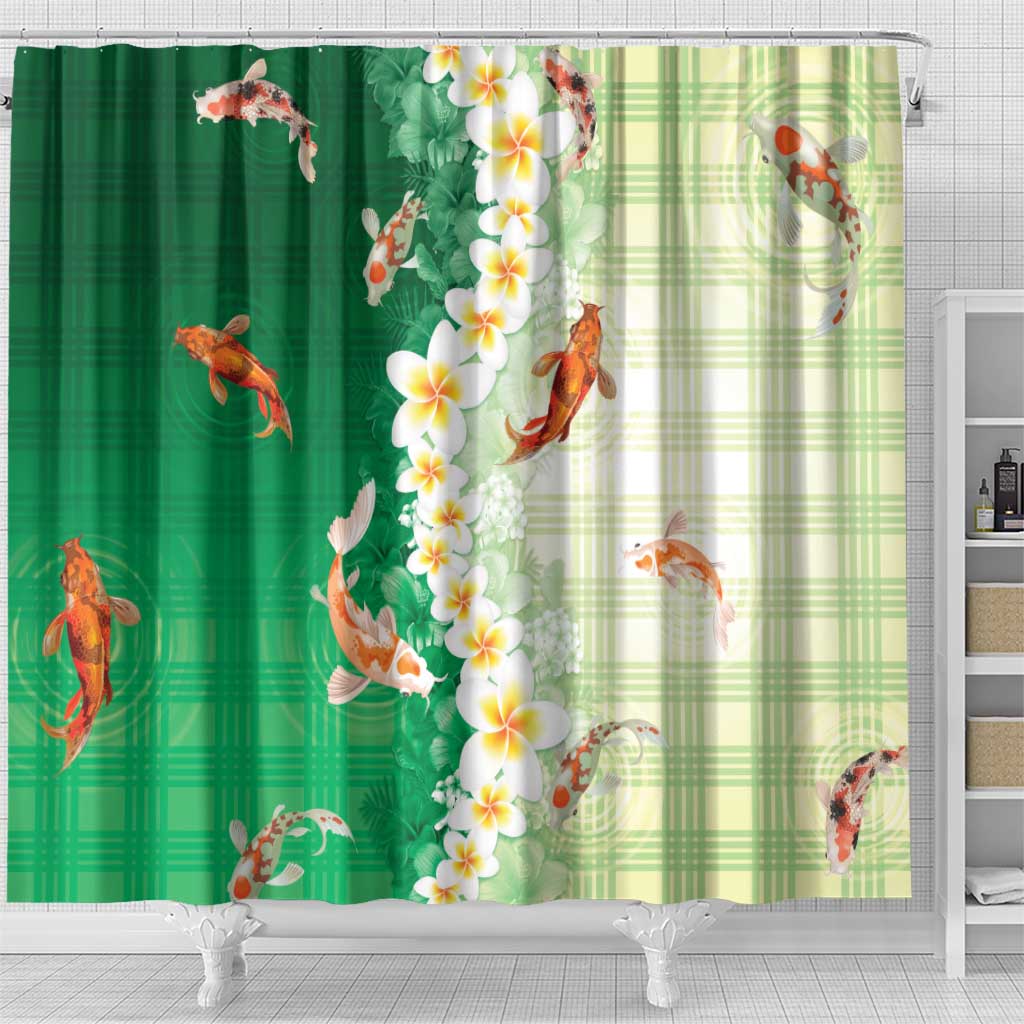 Hawaii And Japan Shower Curtain Plumeria Lei With Koi Fish Green - Polynesian Pride