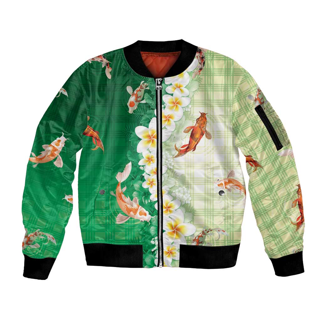 Hawaii And Japan Sleeve Zip Bomber Jacket Plumeria Lei With Koi Fish Green - Polynesian Pride